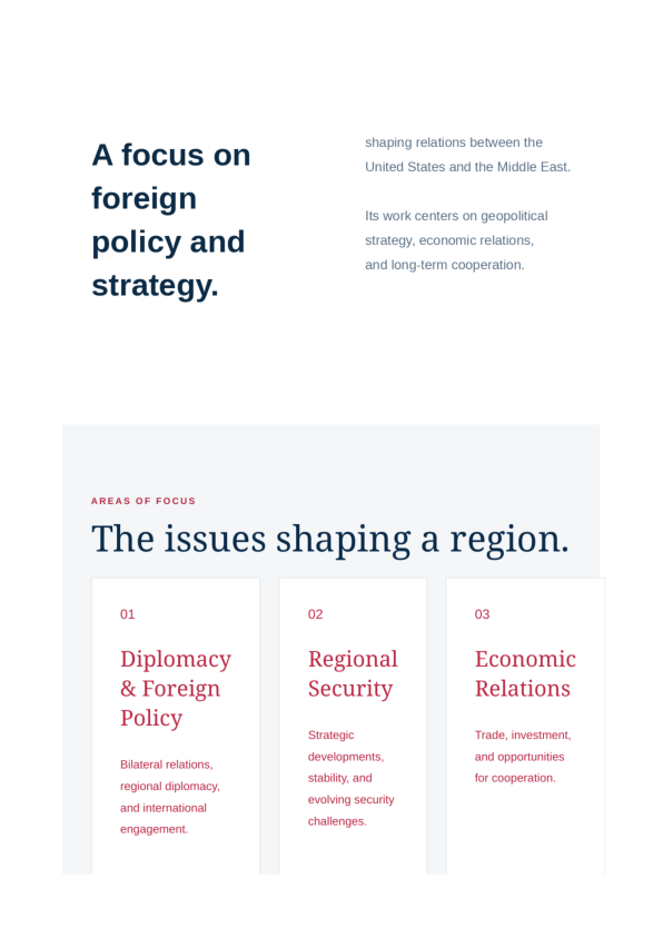 Our purpose and areas of focus: Diplomacy and Foreign Policy, Regional Security, Economic Relations.